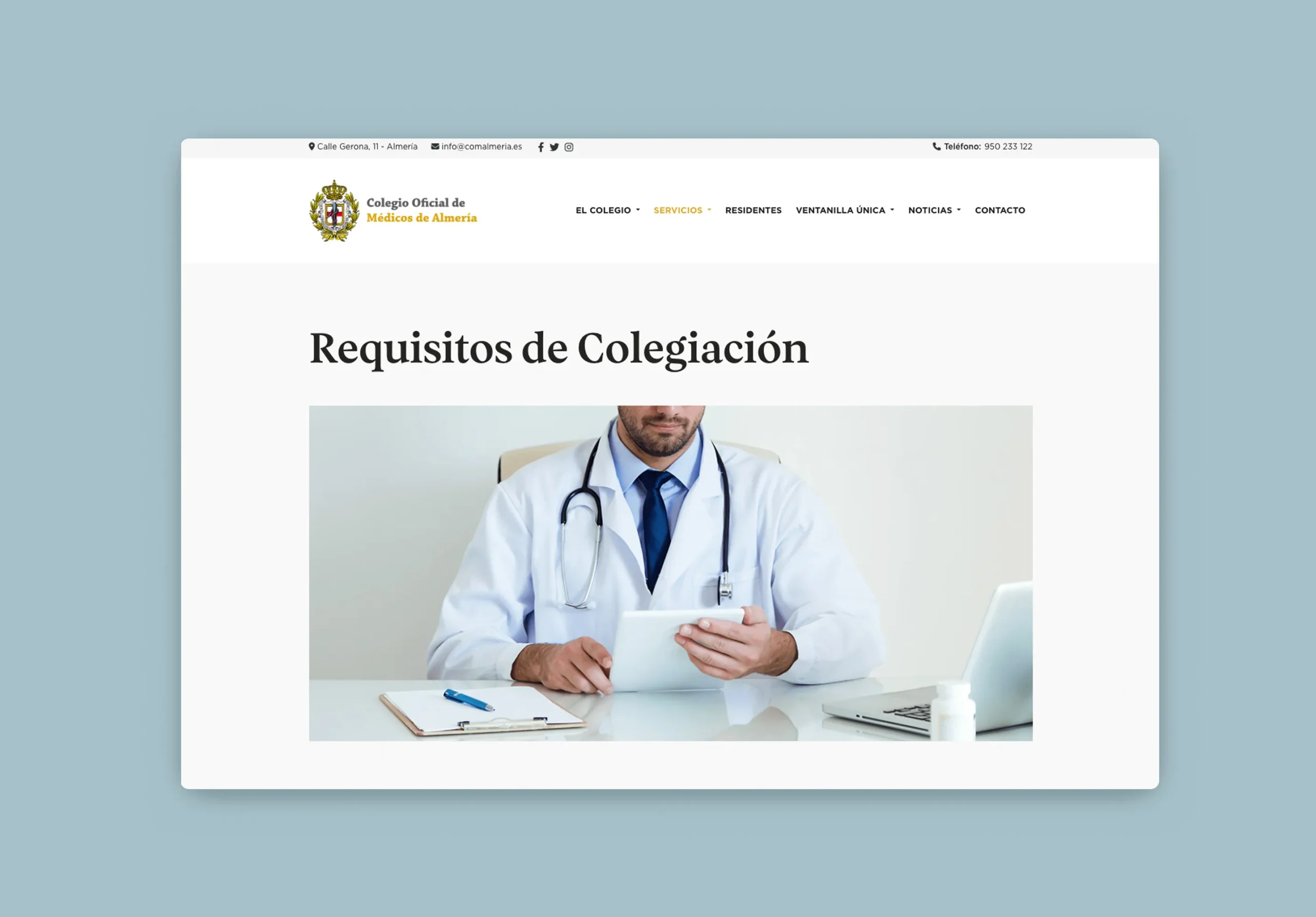 Diseño web institucional para el Colegio de Médicos de Almería, proyecto realizado desde Almería y Santiago de Chile